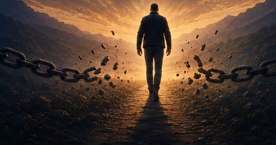 From the back cover: a man walks toward the sunrise as the chains on either side of him shatter.